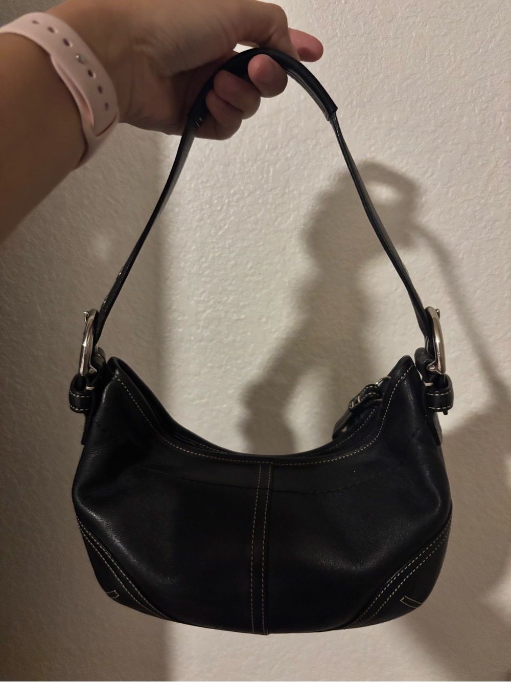 VTG Coach Black Leather Mini Shoulder Bag with White Stitching - Picture 2 of 9